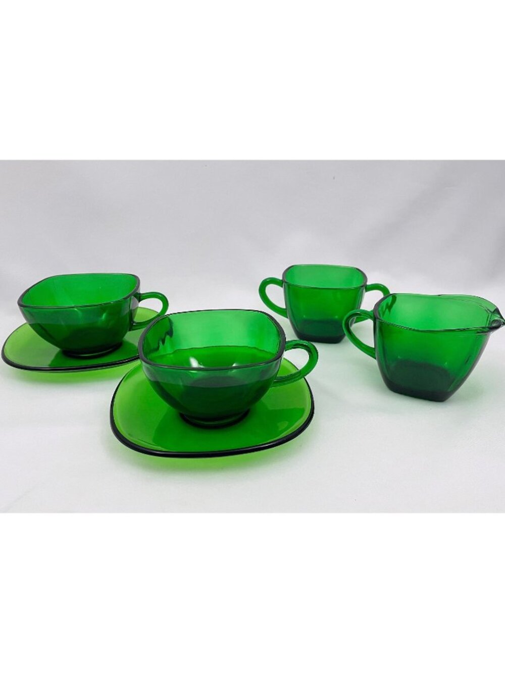Vintage 1970s set of cups and saucers, sugar and creamer, green glass, Vereco